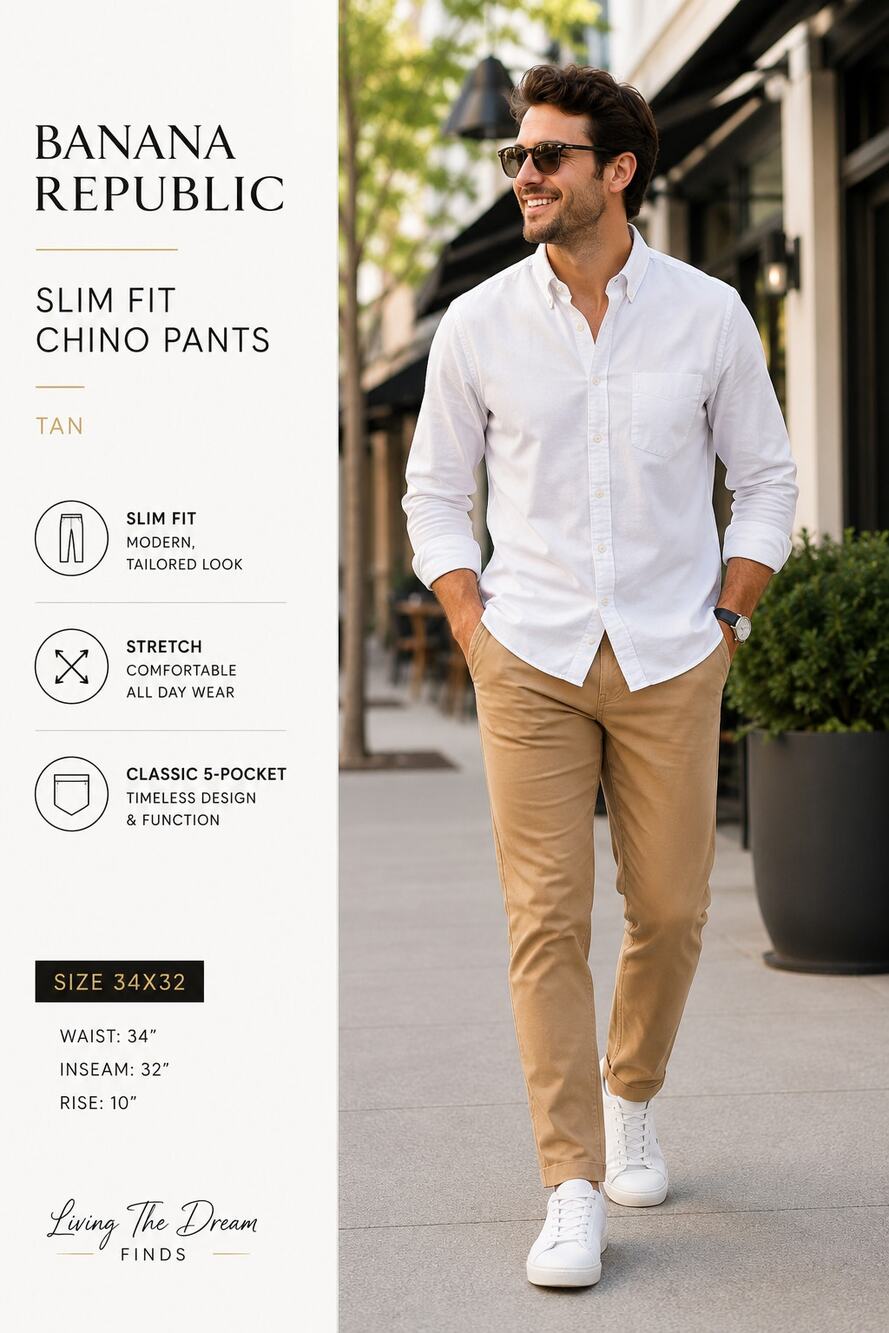 Banana Republic Men's Tan Slim Fit Stretch Chino Pants Size 34x32 Brown Casual